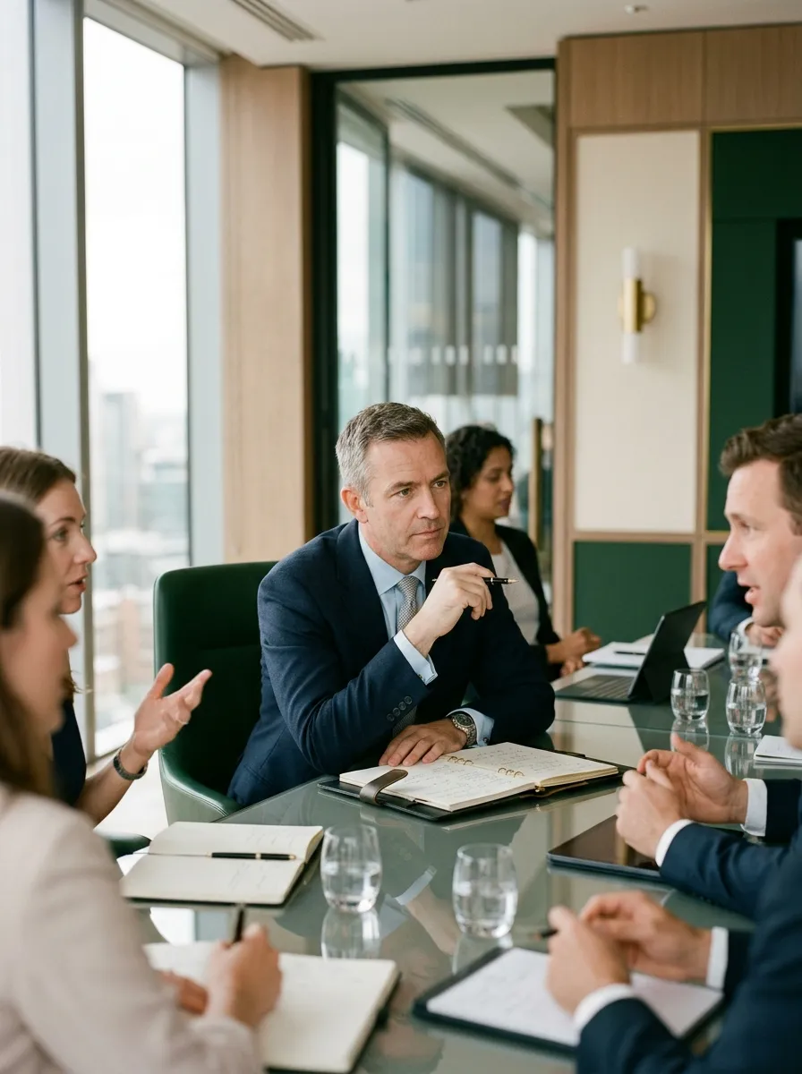 A senior director listening closely as a leadership meeting moves quickly around him