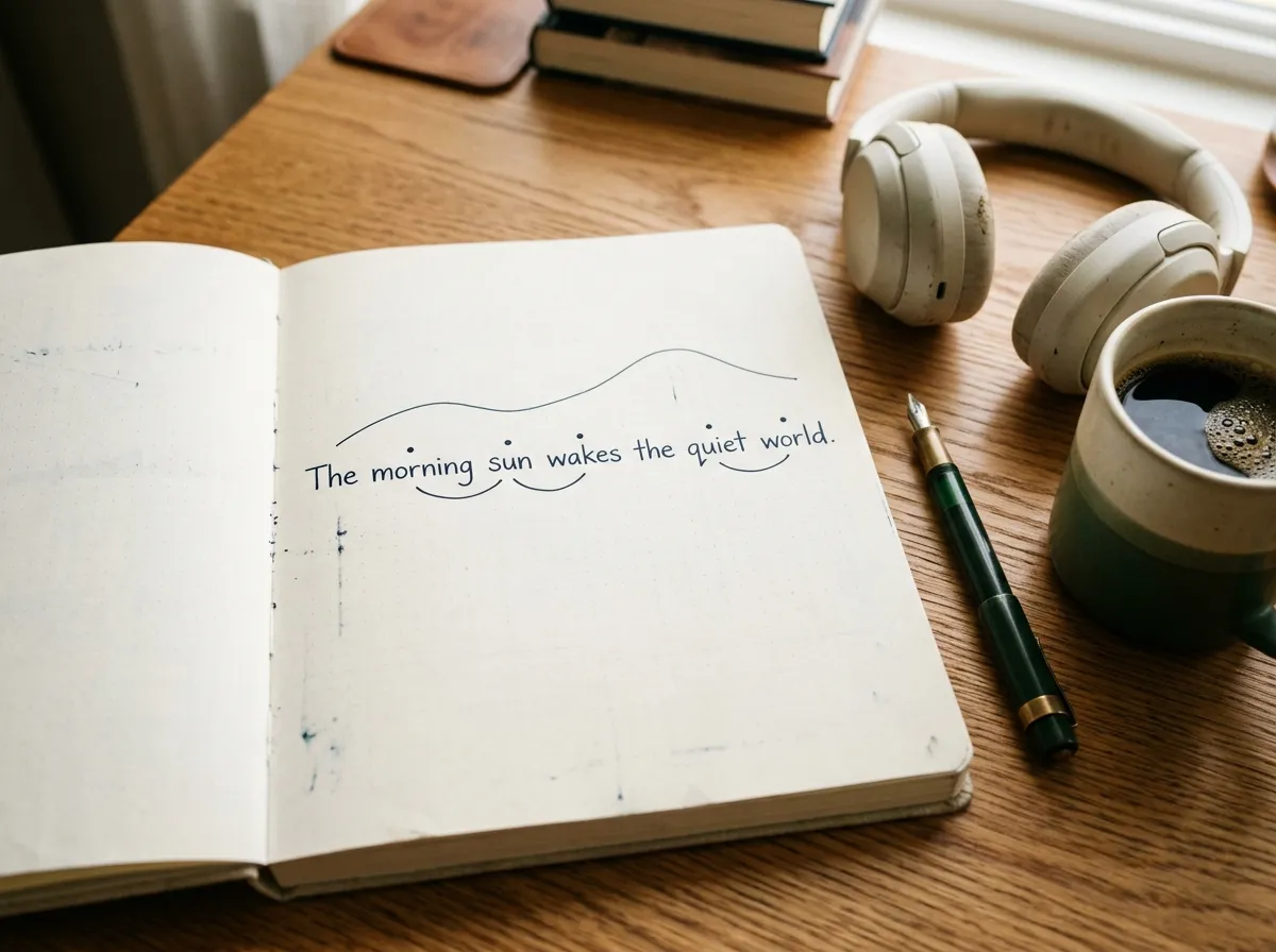 An open notebook with an English sentence marked up with stress dots, linking arcs and a pitch line