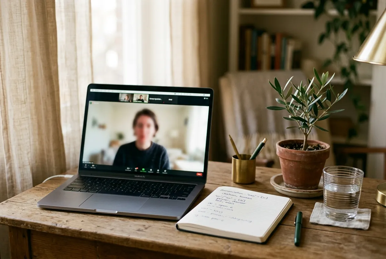 A laptop on a tidy desk showing a video call, next to a notebook with handwritten notes