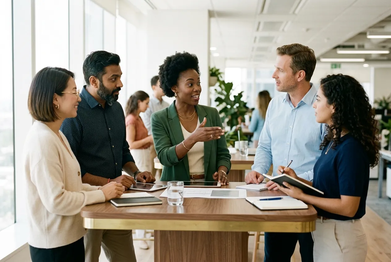 An international team of managers in a modern office, one speaking while the others listen